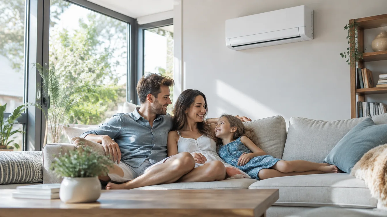 Famille détendue dans un salon lumineux équipé d’une pompe à chaleur air/air