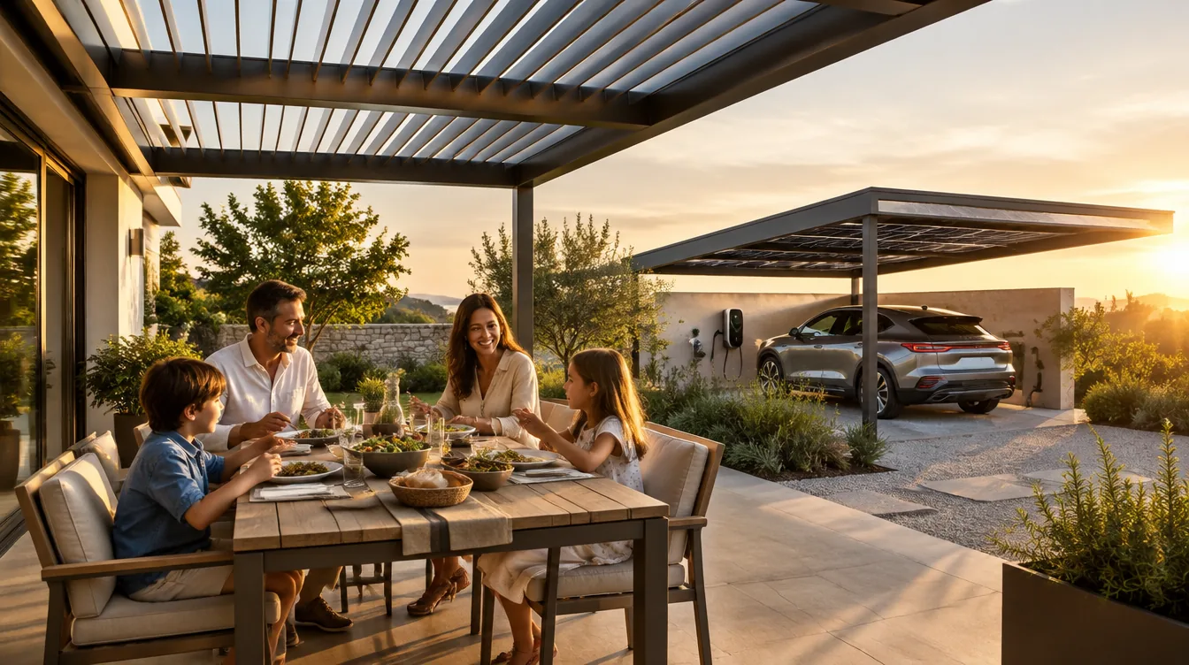 Famille attablée sur une terrasse sous pergola, voiture électrique près du carport solaire